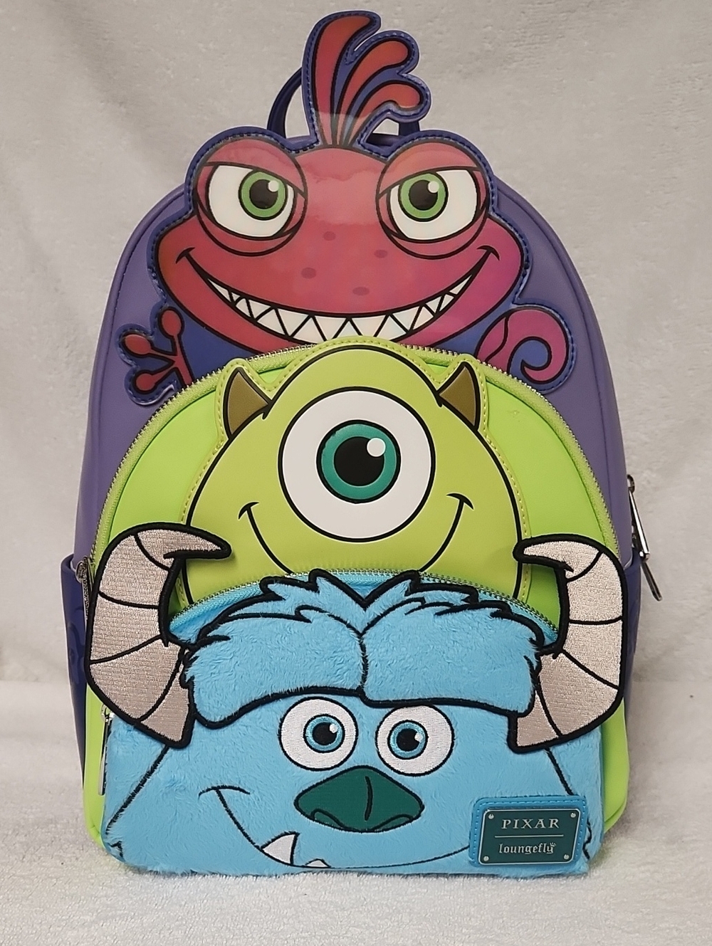 Rare Loungefly Pixar Monsters Inc. Triple Pocket Backpack – Purple, Green & Blue